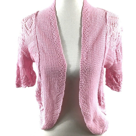 Bina Open Front Crochet Cardigan Sweater Pink 3/4 Sleeves - Picture 3 of 7